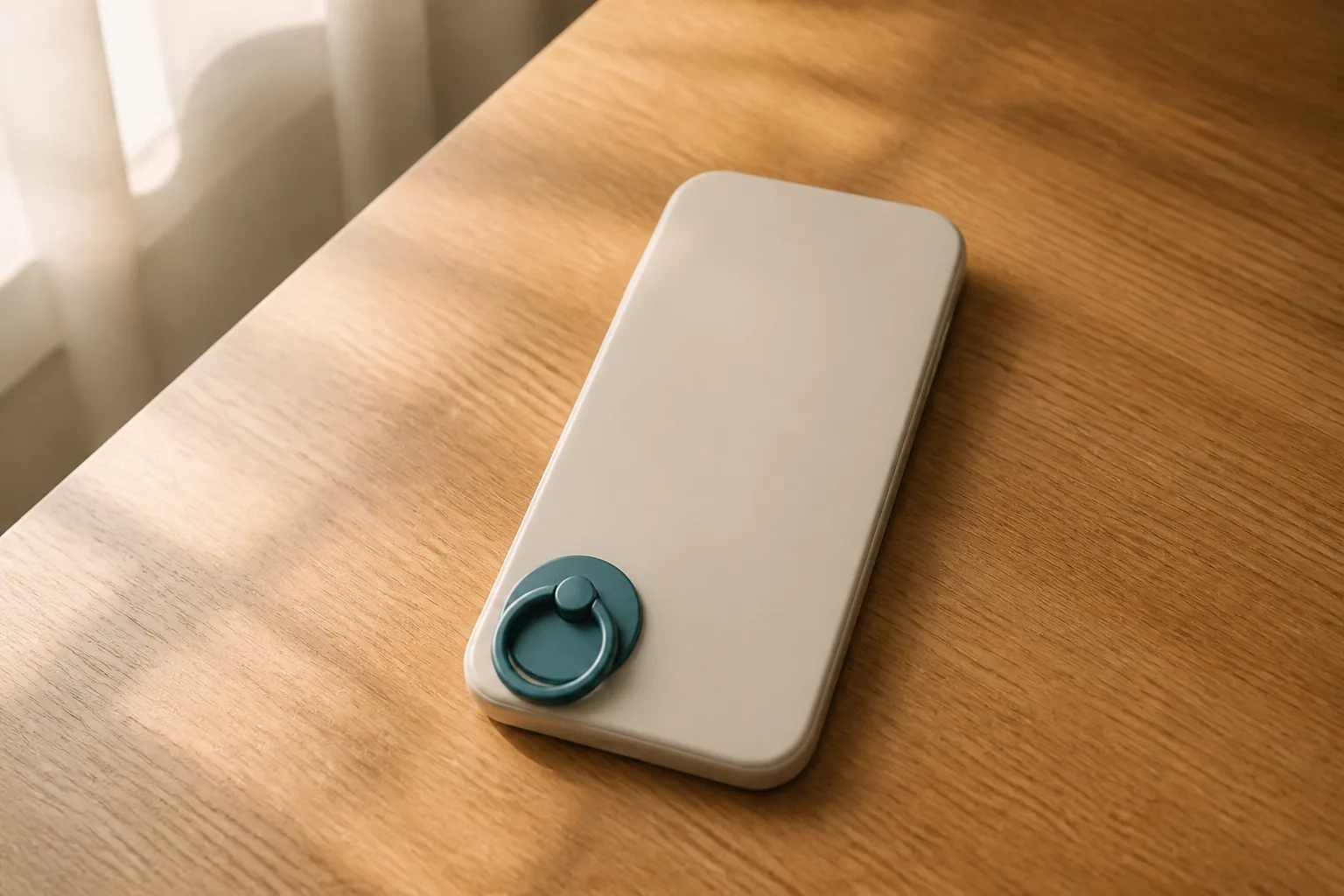 A single smartphone lying face-down on a wooden desk with a small teal phone ring on its blank back panel
