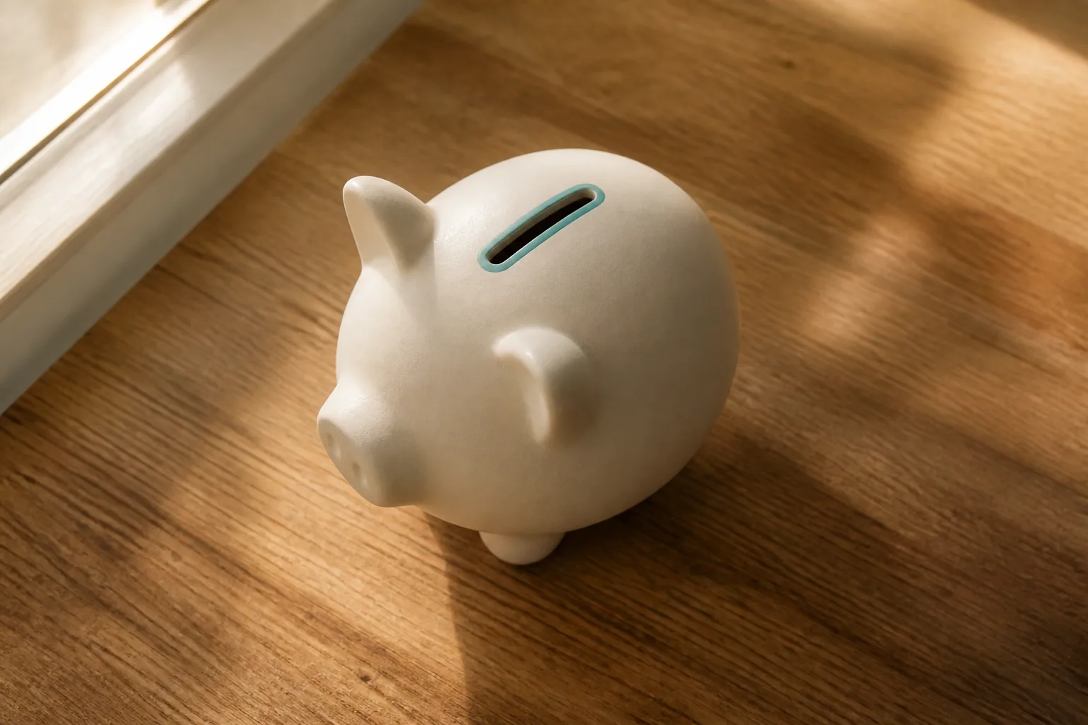 A single closed ceramic piggy bank with a thin teal-rimmed coin slot, resting on a sunlit wooden desk