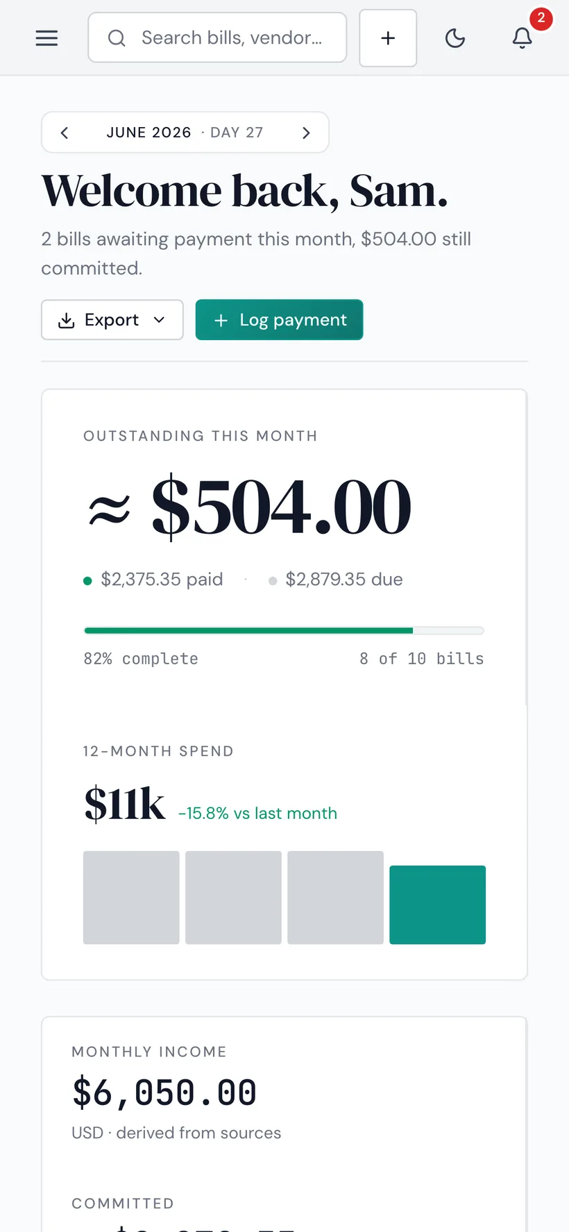 The same HomeWeal dashboard on a phone, showing bills are fully responsive on mobile